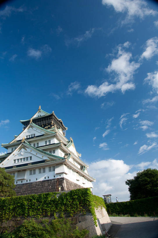 无人,博物馆,竖图,室外,白天,仰视,建筑,日本,日本文化,城堡,云,历史,顶部,树,天空,地标建筑,摄影,天守阁,大阪府,大阪市,彩图,低角度拍摄