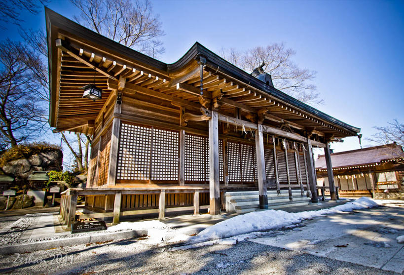 无人,横图,室外,白天,仰视,雪,建筑,日光,日本,日本文化,木制,灯笼,树,寒冷,摄影,宗教,神殿,万里无云,福岛县,彩图,低角度拍摄