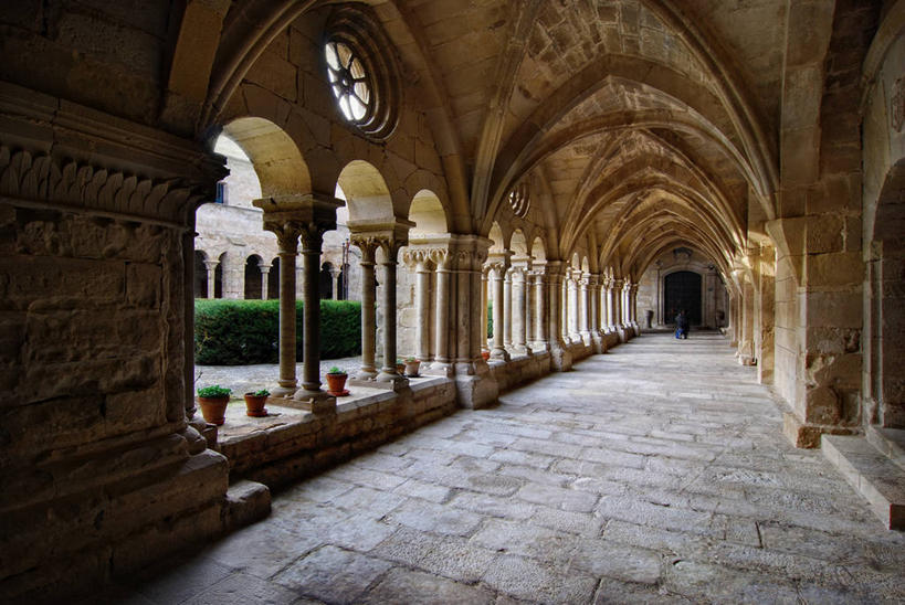 横图,室内,西班牙,柱子,拱门,历史,摄影,宁静,修道院,修院,莱里达,西多会修道院,彩图