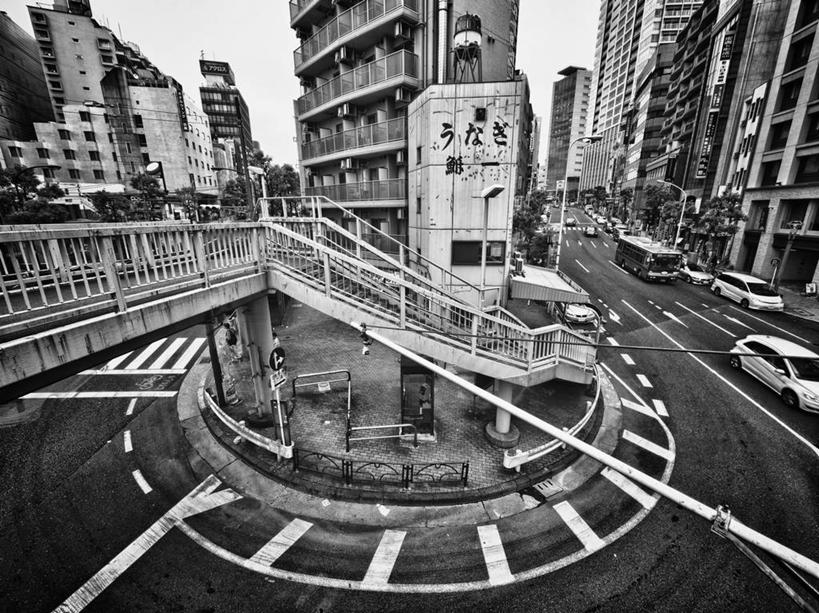 无人,横图,俯视,黑白,室外,白天,建筑,汽车,东京,日本,亚洲,日本文化,圆形,桥,巴士,首都,联系,运输,摄影,东亚,本州,万里无云,关东地方,本州岛,日本国,东京都,高角度拍摄,目黑区