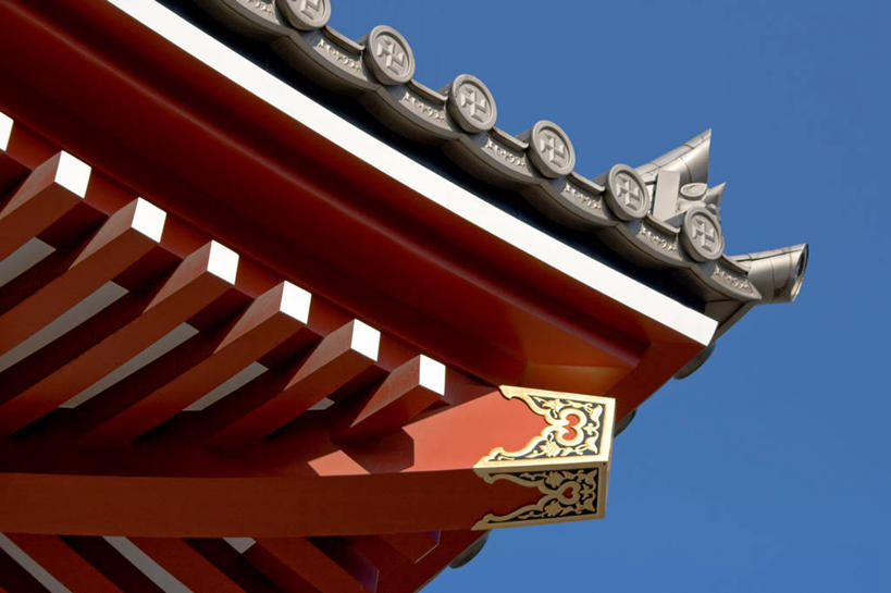 无人,横图,室外,特写,仰视,建筑,东京,日本,日本文化,屋檐,首都,红色,摄影,宗教,万里无云,式样,彩图,低角度拍摄,传统文化