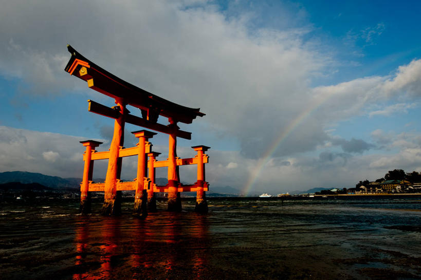无人,横图,室外,白天,彩虹,海洋,日本,日本文化,反射,鸟居,云,历史,天空,自然,摄影,彩图,宫屿