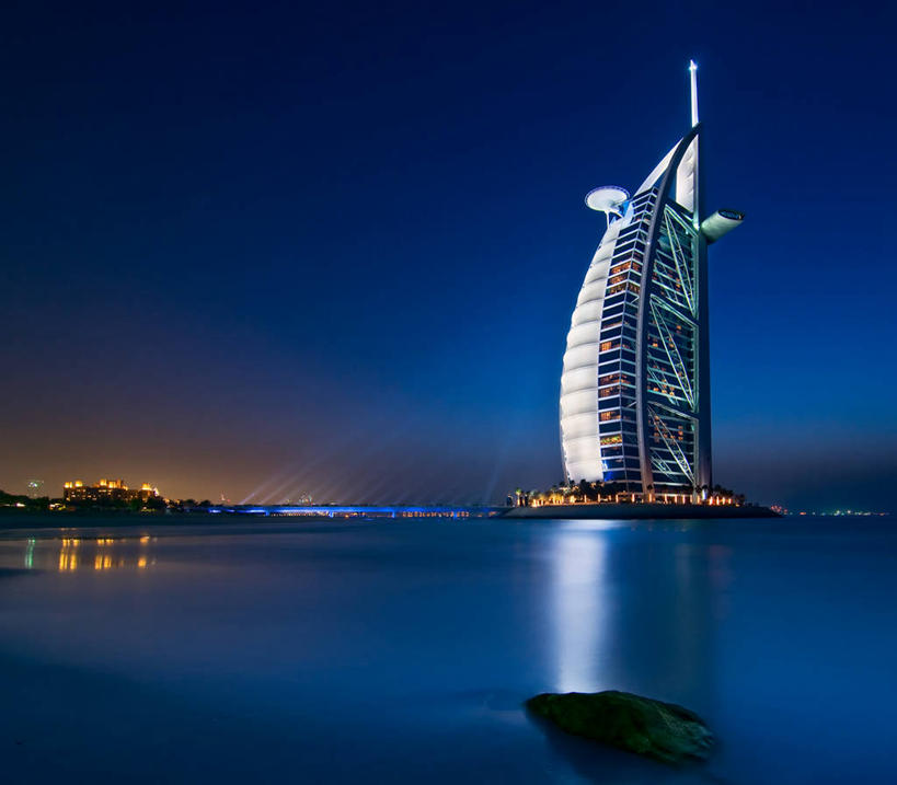无人,横图,室外,夜晚,建筑,酒店,反射,摄影,照亮,阿拉伯联合酋长国,迪拜,波斯湾,万里无云,彩图,帆船酒店