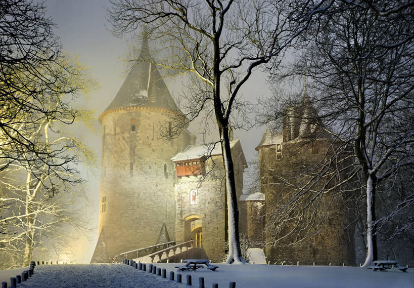 无人,横图,室外,雪,雾,建筑,英国,长椅,城堡,冬天,首都,历史,树,天空,黄昏,摄影,宁静,威尔士,加的夫,彩图