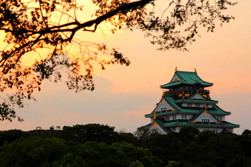 无人,横图,室外,建筑,日本,日本文化,城堡,云,树,风景,天空,黄昏,摄影,宗教建筑,大阪府,彩图
