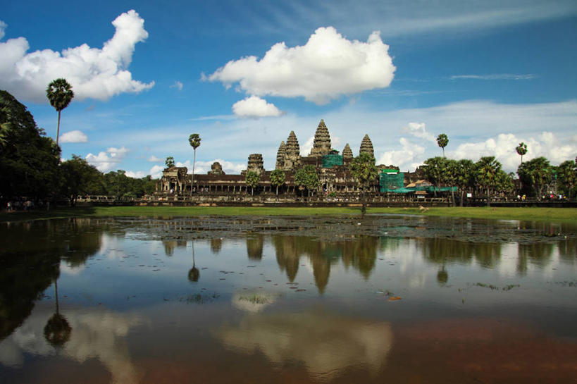 无人,横图,室外,白天,建筑,柬埔寨,对称,反射,云,废墟,树,天空,摄影,宗教,佛教,吴哥寺,暹粒,死水,彩图,柬埔寨文化