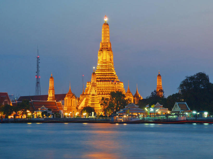 无人,横图,室外,水,建筑,曼谷,泰国,反射,首都,树,黄昏,摄影,宗教,照亮,宗教建筑,万里无云,郑王庙,彩图