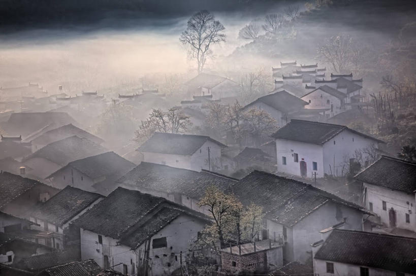 无人,横图,俯视,室外,白天,山,雾,建筑,乡村,天气,树,自然,摄影,江西省,彩图,高角度拍摄