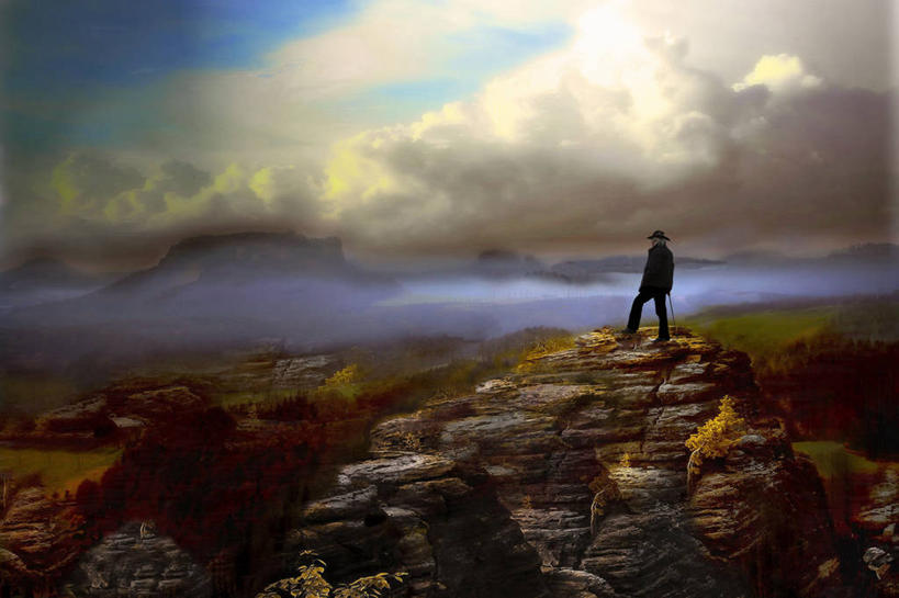 成年人,一个人,站,横图,室外,白天,度假,山,帽子,德国,仅一个男性,云,休闲装,天空,自然,摄影,手杖,萨克森,冒险,彩图,独处