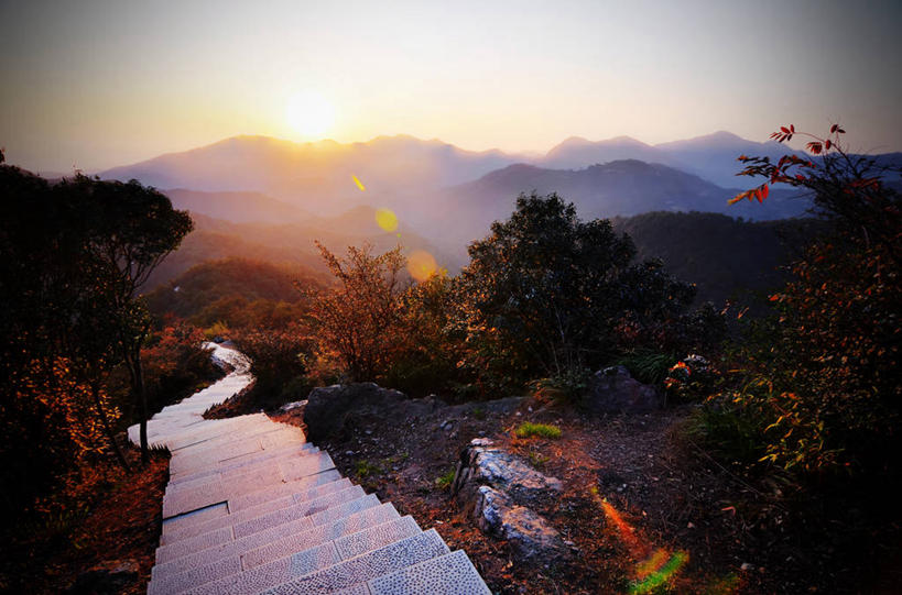 无人,横图,室外,美景,日落,山,太阳,景观,台阶,树,浙江省,自然,景色,摄影,宁静,自然风光,彩图