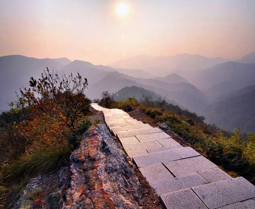 无人,横图,室外,白天,山,山脉,太阳,雾,日光,地形,小路,树,浙江省,风景,自然,摄影,杭州,宁静,万里无云,彩图