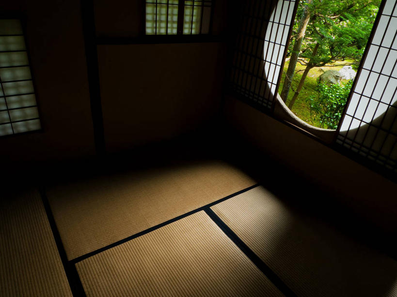无人,横图,室内,白天,窗户,日光,日本,日本文化,椭圆形,塌塌米,榻榻米,树,茶馆,摄影,京都府,宁静,京都市,叠席,彩图