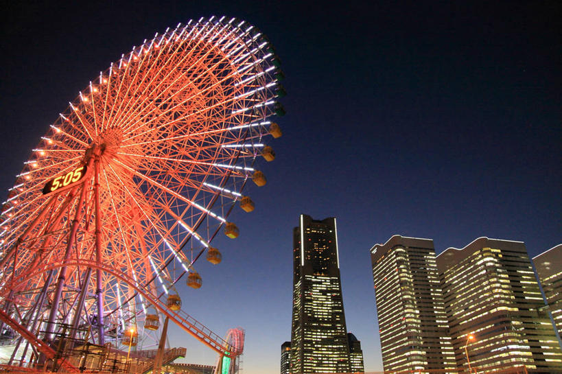 无人,横图,室外,夜晚,城市,建筑,摩天大楼,日本,庆祝,日本文化,横滨,天空,摄影,照亮,大转轮,彩图