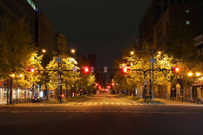 无人,横图,室外,通讯,城市,建筑,路,日本,路标,红绿灯,分界线,黎明,树,红色,运输,摄影,红灯,宁静,照亮,大阪府,大阪市,秋天,彩图