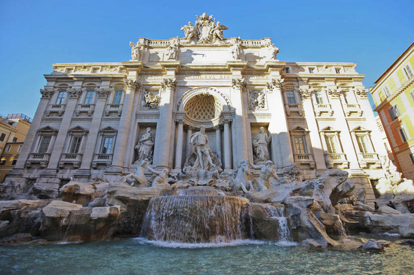 无人,广场,横图,室外,白天,仰视,水,城市,建筑,日光,意大利,艺术,雕像,首都,摄影,意大利文化,拉奇奥,万里无云,特莱维喷泉,彩图,低角度拍摄