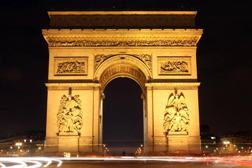 无人,横图,室外,夜晚,长时间曝光,建筑,路,法国,凯旋门,巴黎,首都,天空,地标建筑,运输,摄影,迅速,照亮,法国文化,彩图