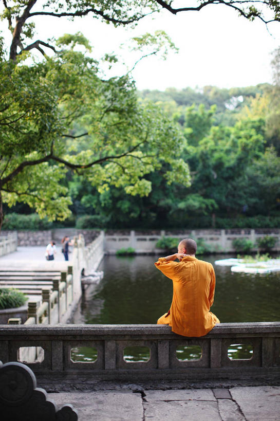 成年人,一个人,坐,竖图,室外,白天,仅一个男性,池塘,休闲装,树,浙江省,背面,思考,放松,摄影,中国文化,背手,僧侣,半身,彩图,传统服装