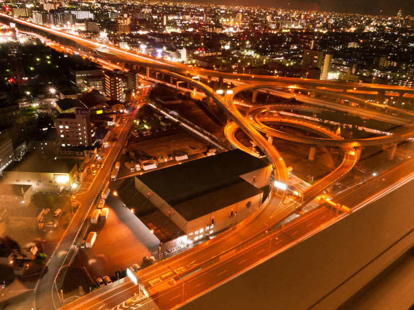 无人,横图,室外,夜晚,长时间曝光,度假,美景,城市风光,城市,建筑,日本,日本文化,景观,路口,联系,娱乐,地标建筑,享受,休闲,景色,放松,运输,摄影,照亮,高架道路,大阪府,彩图