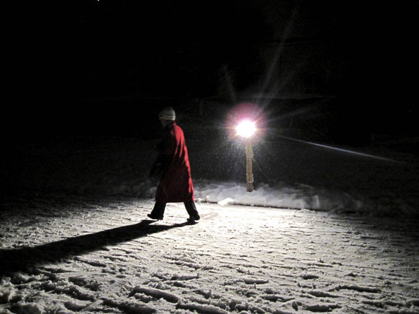 成年人,一个人,横图,室外,夜晚,雪,路灯,帽子,奥地利,维也纳,仅一个女性,阴影,冬天,首都,外套,红色,天空,寒冷,摄影,照亮,步行,彩图,单行道,独处