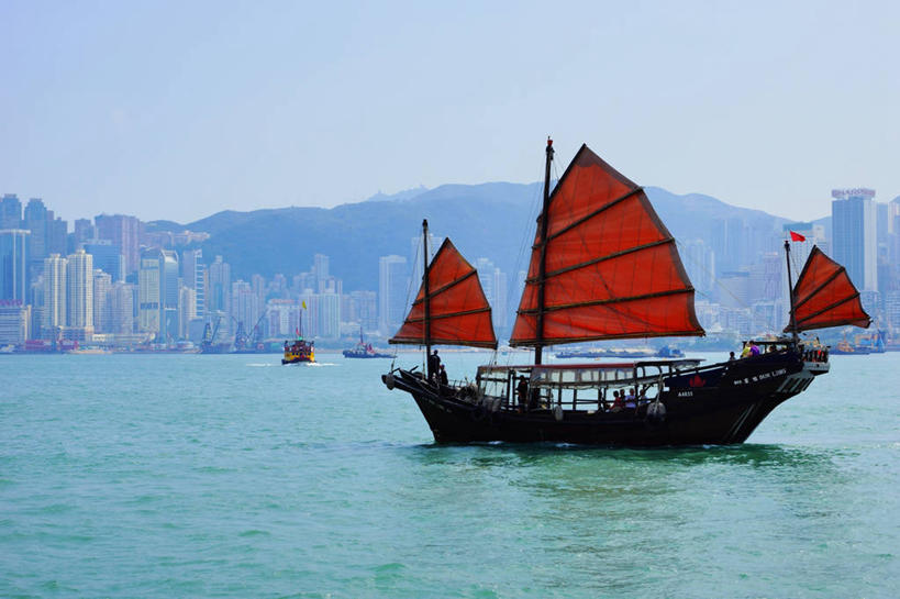 无人,横图,室外,白天,海洋,城市,船,香港,日光,木船,维多利亚港,交通工具,运输,摄影,舟,中国文化,载具,万里无云,彩图,旅行,三板,舢板