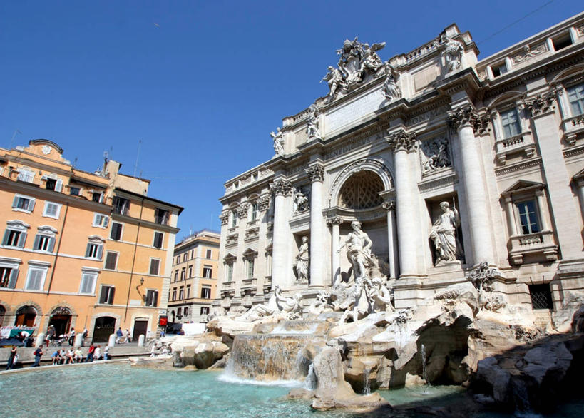 广场,横图,室外,白天,水,城市,建筑,喷泉,日光,意大利,雕像,首都,历史,地标建筑,摄影,意大利文化,万里无云,特莱维喷泉,彩图