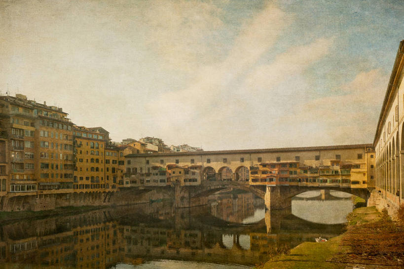 无人,横图,室外,白天,城市,意大利,反射,河岸,云,拱门,天空,摄影,宁静,意大利文化,托斯卡纳区,维基奥桥,亚诺河,彩图