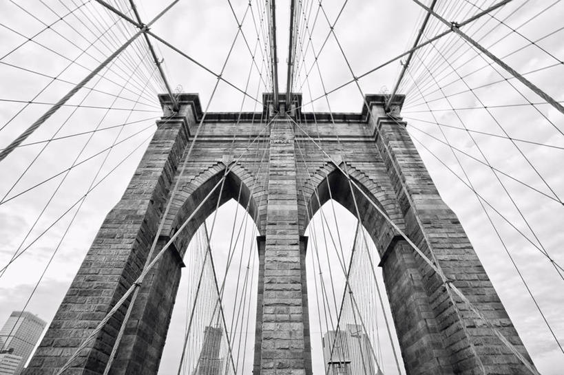 无人,横图,黑白,室外,白天,仰视,城市,建筑,纽约,美国,电缆,斜拉桥,联系,摄影,吊桥,纽约州,布鲁克林桥,式样,彩图,低角度拍摄