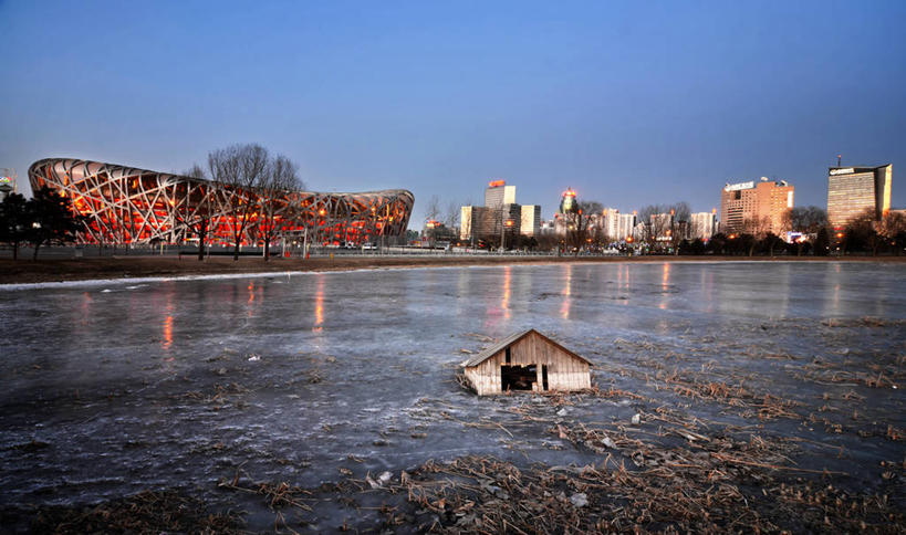 无人,横图,室外,湖,城市,建筑,北京,漂浮,反射,鸟巢,冬天,首都,现代,天空,黄昏,寒冷,摄影,照亮,发展,狗屋,彩图