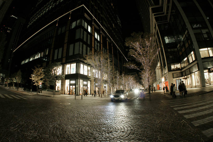 横图,室外,夜晚,鱼眼镜头,仰视,城市,道路,建筑,街道,路,公路,汽车,照明,东京,日本,日本文化,交通,首都,灯,树,灯具,运输,摄影,照亮,照明设备,前照灯,前大灯,车前灯,丸之内,斑马线,马路,彩图,低角度拍摄