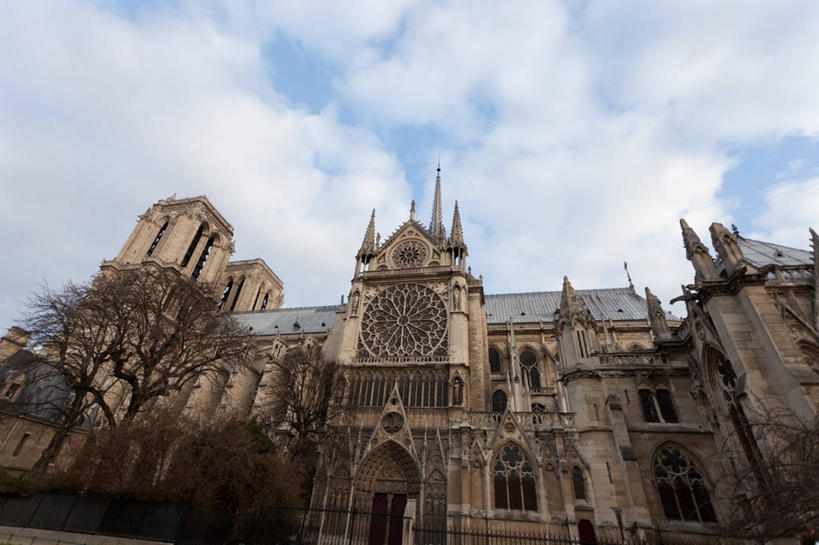 无人,横图,室外,白天,仰视,建筑,法国,巴黎,巴黎圣母院,云,首都,历史,树,天空,摄影,基督教,宗教建筑,法国文化,哥特式风格,彩图,低角度拍摄,大教堂