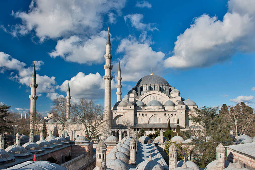 无人,横图,室外,白天,建筑,欧洲,云,尖顶,树,天空,摄影,宗教,伊斯兰教,圆顶建筑,清真寺,伊斯坦布尔,苏莱曼尼耶清真寺,彩图