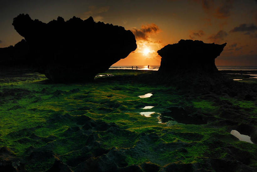 横图,室外,日落,水,日本,云,苔藓,风景,天空,自然,摄影,宁静,冲绳县,岩层,剪影,海滩,岩石,彩图
