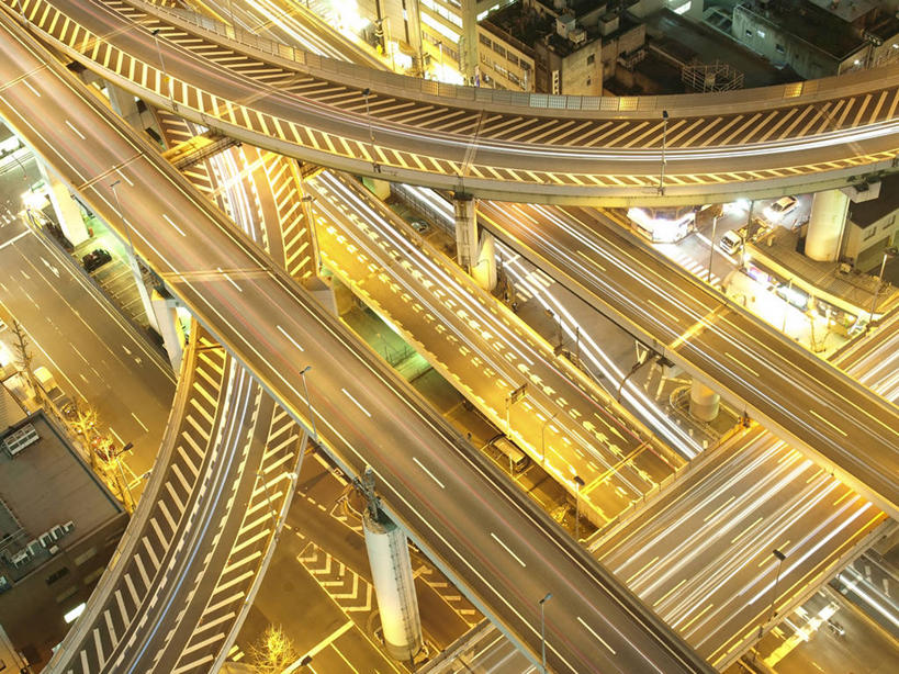 无人,横图,俯视,室外,夜晚,长时间曝光,城市,路,日本,日本文化,弯曲,路口,摄影,迅速,照亮,大阪府,彩图,高角度拍摄