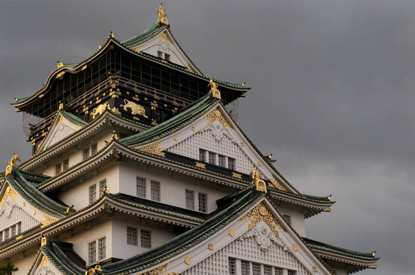 无人,横图,室外,仰视,多云,建筑,日本,日本文化,城堡,云,天气,黄昏,地标建筑,摄影,大阪府,大阪市,彩图,低角度拍摄