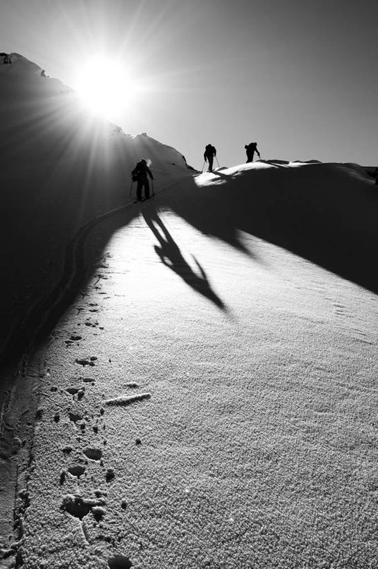 三个人,竖图,黑白,室外,镜头眩光,日出,太阳,雪,加拿大,阴影,冬天,风景,自然,滑雪场,寒冷,摄影,剪影,万里无云,惠斯勒,大不列颠哥伦比亚,滑雪运动,冒险,步行