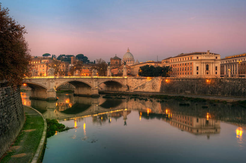 无人,横图,室外,日出,河流,建筑,意大利,反射,首都,联系,拱桥,树,摄影,宁静,早晨,意大利文化,台伯河,罗马桥,彩图