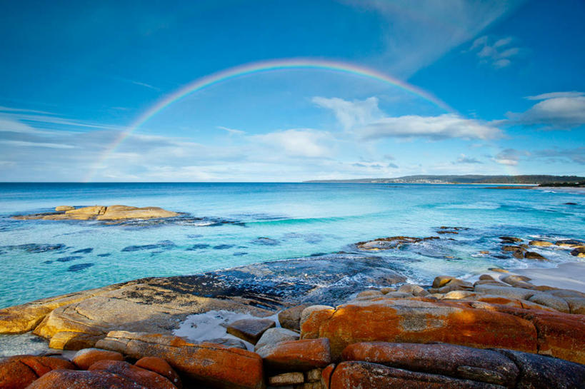 无人,横图,室外,白天,彩虹,海洋,美景,水,澳大利亚,景观,水平线,云,海湾,地衣,红色,风景,天空,自然,景色,摄影,宁静,自然风光,塔斯马尼亚,岩石,彩图