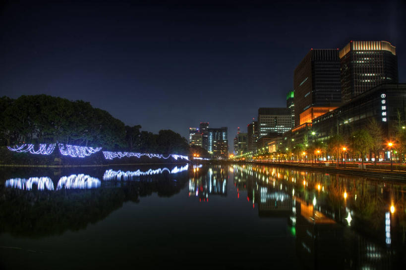 无人,宫殿,横图,室外,夜晚,水,城市,建筑,东京,日本,对称,日本文化,反射,首都,天空,摄影,照亮,市区,丸之内,彩图