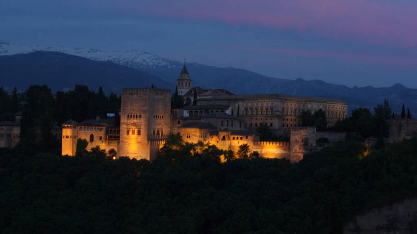 无人,宫殿,横图,室外,夜晚,山,雪山,西班牙,云,历史,格拉纳达,天空,地标建筑,摄影,照亮,彩图