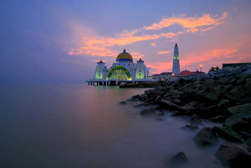 无人,横图,室外,长时间曝光,海洋,美景,日落,建筑,马来西亚,景观,水平线,云,天空,自然,景色,摄影,照亮,伊斯兰教,自然风光,清真寺,马六甲海峡,马六甲州,海滩,岩石,彩图