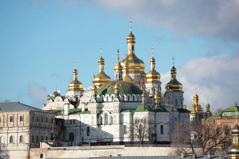 无人,横图,室外,白天,建筑,日光,乌克兰,十字架,云,首都,黄金,蓝色,白色,天空,夏天,摄影,宗教,基督教,宗教建筑,修道院,基辅,彩图