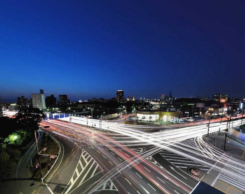 无人,横图,俯视,室外,夜晚,城市,路,爱知县,名古屋,日本,路口,交通,蓝色,天空,运输,摄影,尾灯,迅速,照亮,彩图,高角度拍摄