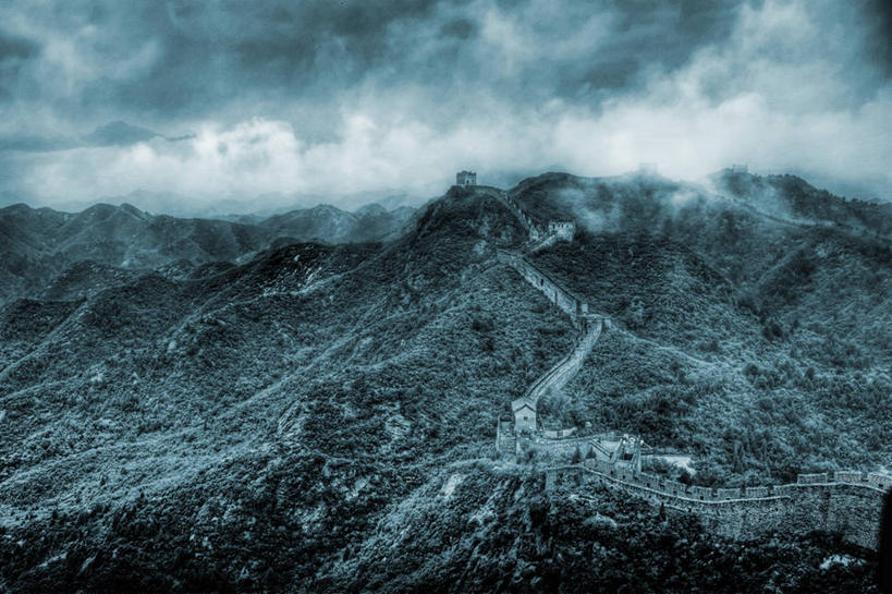 无人,横图,阶调图片,室外,白天,山,雾,长城,湿,历史,蓝色,自然,幻想,摄影,中国文化,金山岭长城,彩图,单色图片