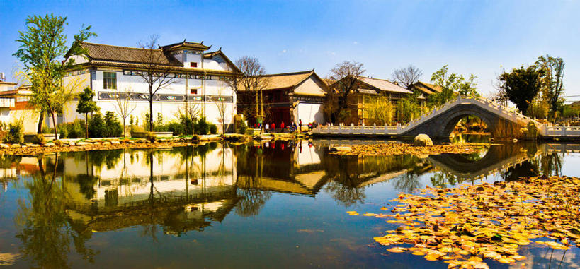 无人,横图,全景,室外,白天,水,建筑,大理,漂浮,反射,房屋,乡村,桥,树,天空,自然,社区,摄影,云南省,死水,彩图