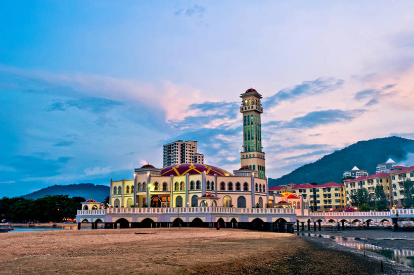 无人,横图,室外,海洋,日落,山,建筑,马来西亚,沙子,云,风景,天空,摄影,宗教,照亮,伊斯兰教,清真寺,海滩,彩图,槟榔屿州