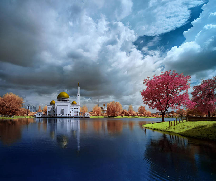 无人,横图,室外,湖,建筑,马来西亚,反射,云,树,天空,黄昏,摄影,伊斯兰教,清真寺,雪兰莪州,彩图