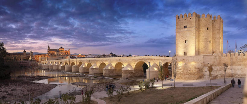 横图,全景,室外,日落,城市,建筑,西班牙,云,联系,历史,树,摄影,支撑,科尔多巴,科尔多瓦,罗马桥,彩图