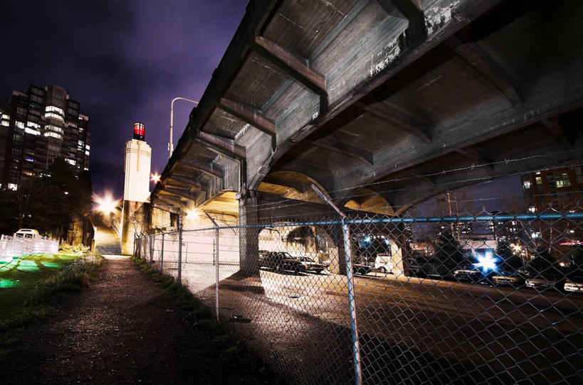 无人,横图,室外,夜晚,城市,建筑,加拿大,篱笆,桥,运输,摄影,照亮,地下通道,温哥华,大不列颠哥伦比亚