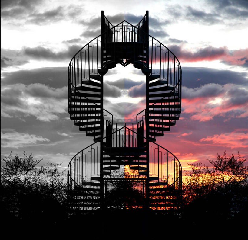 无人,栏杆,横图,室外,夜晚,仰视,楼梯,建筑,乌云,树,摄影,宁静,剪影,式样,阿库雷里,低角度拍摄