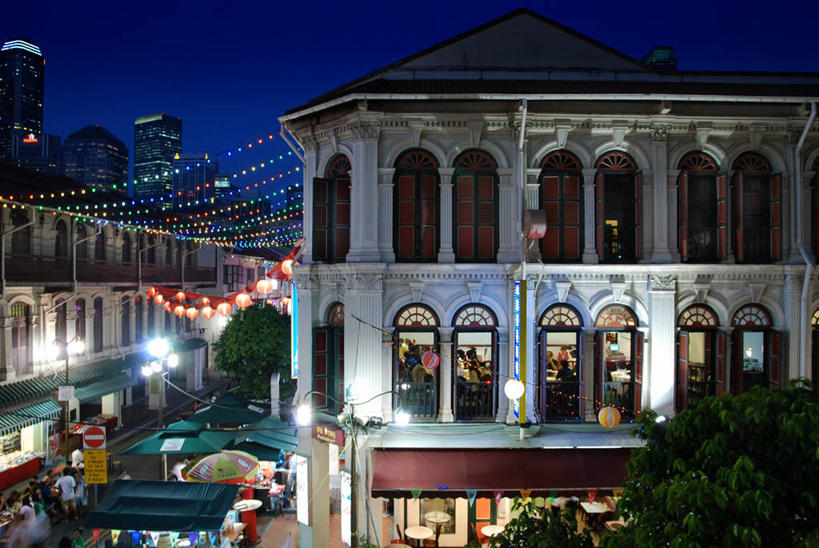 横图,室外,夜晚,夜生活,城市,道路,建筑,街道,路,公路,新加坡,唐人街,交通,光亮,摄影,照亮,马路,餐馆